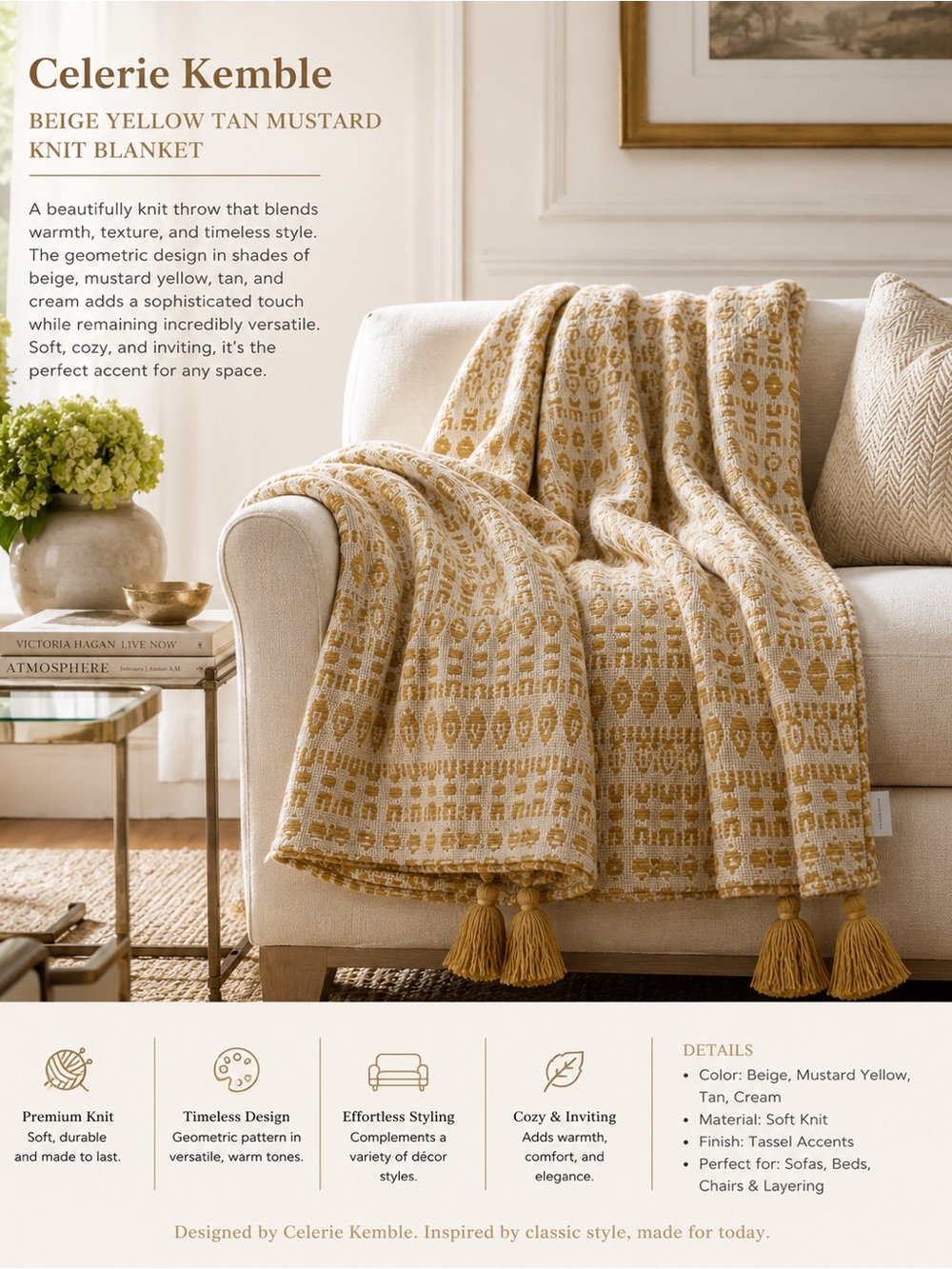 Celerie Kemble Beige & Mustard Yellow Knit Throw Blanket